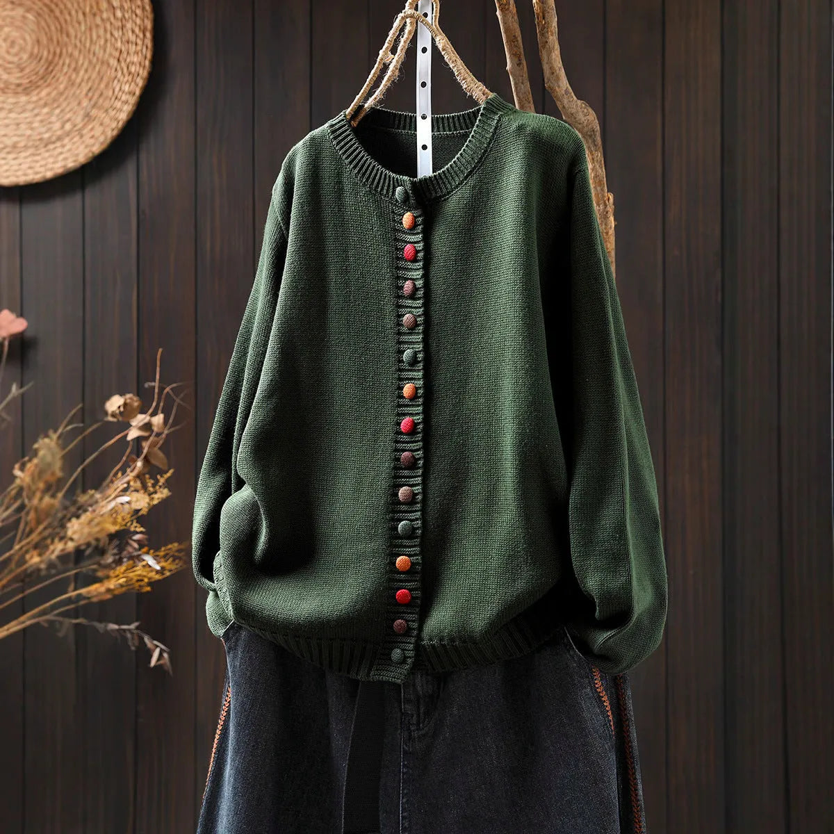Women's colourful button cotton blend spandex sweater cardigan loose-fitting slimming coat art retro long sleeves