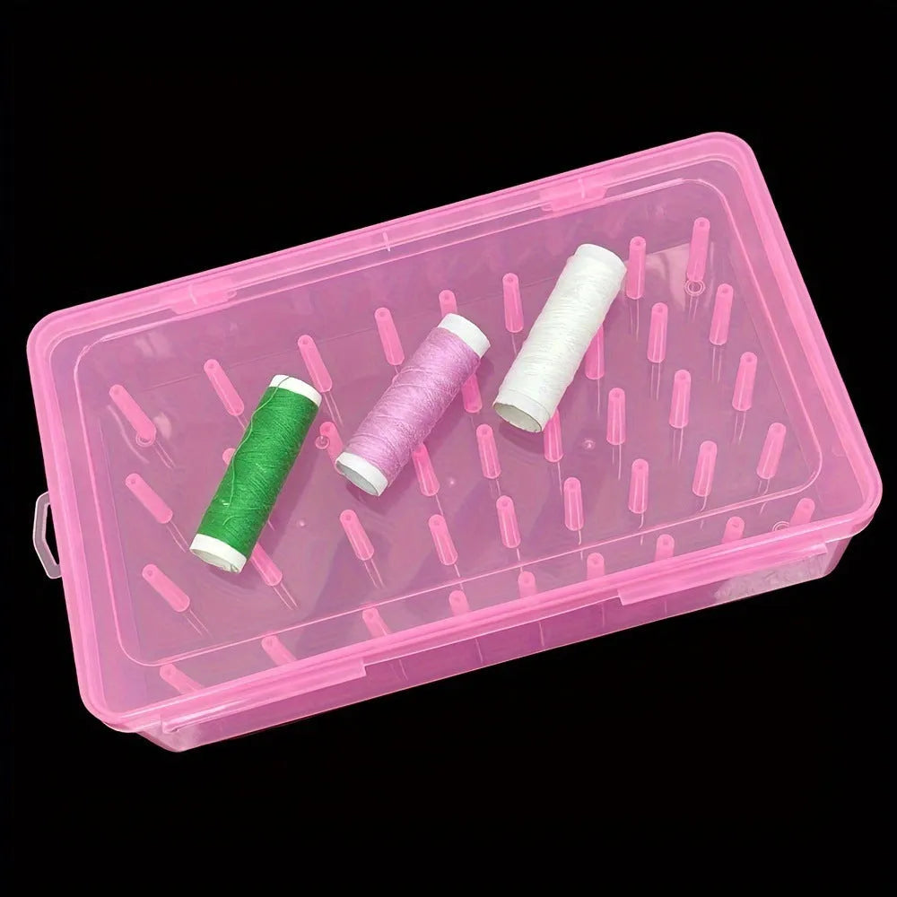 42-compartment plastic storage box for embroidery supplies in transparent, pink, or blue colour options.