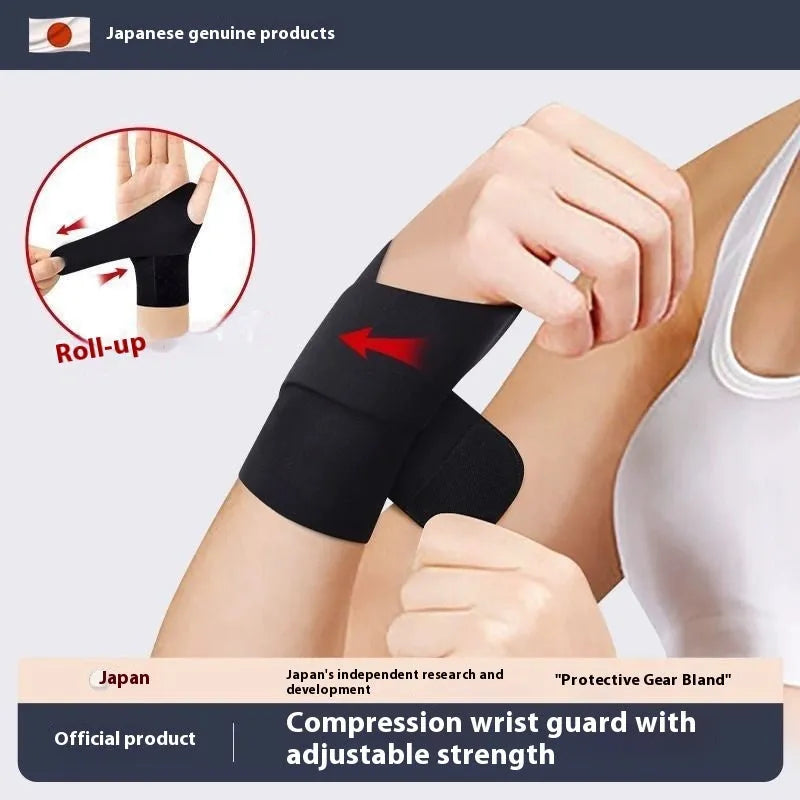 Adjustable black athletic wristguard worn on a wrist, suitable for sports like badminton and tennis.
