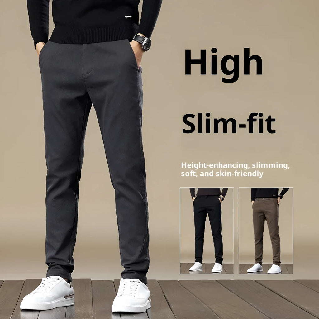Men's fleece-lined slim fit tapered casual cotton trousers in black, shown flat for detail