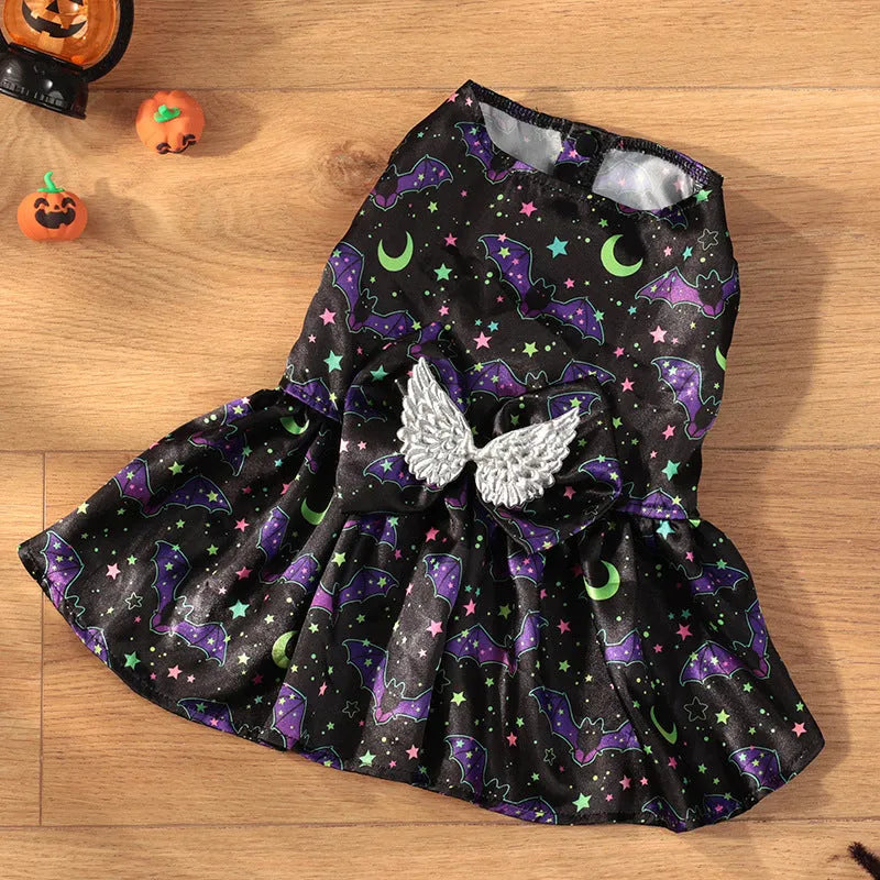 Halloween dog costume with angel wings in bright pumpkin orange or bat pattern colours