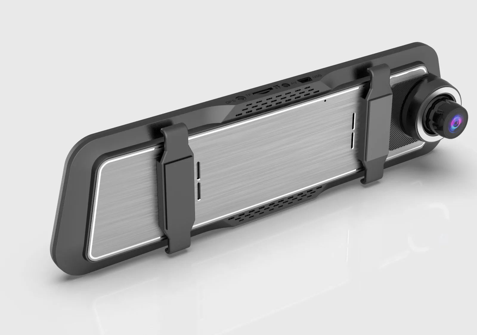 Black dual-lens driving recorder with 9.66-inch screen mounted on a car rearview mirror.