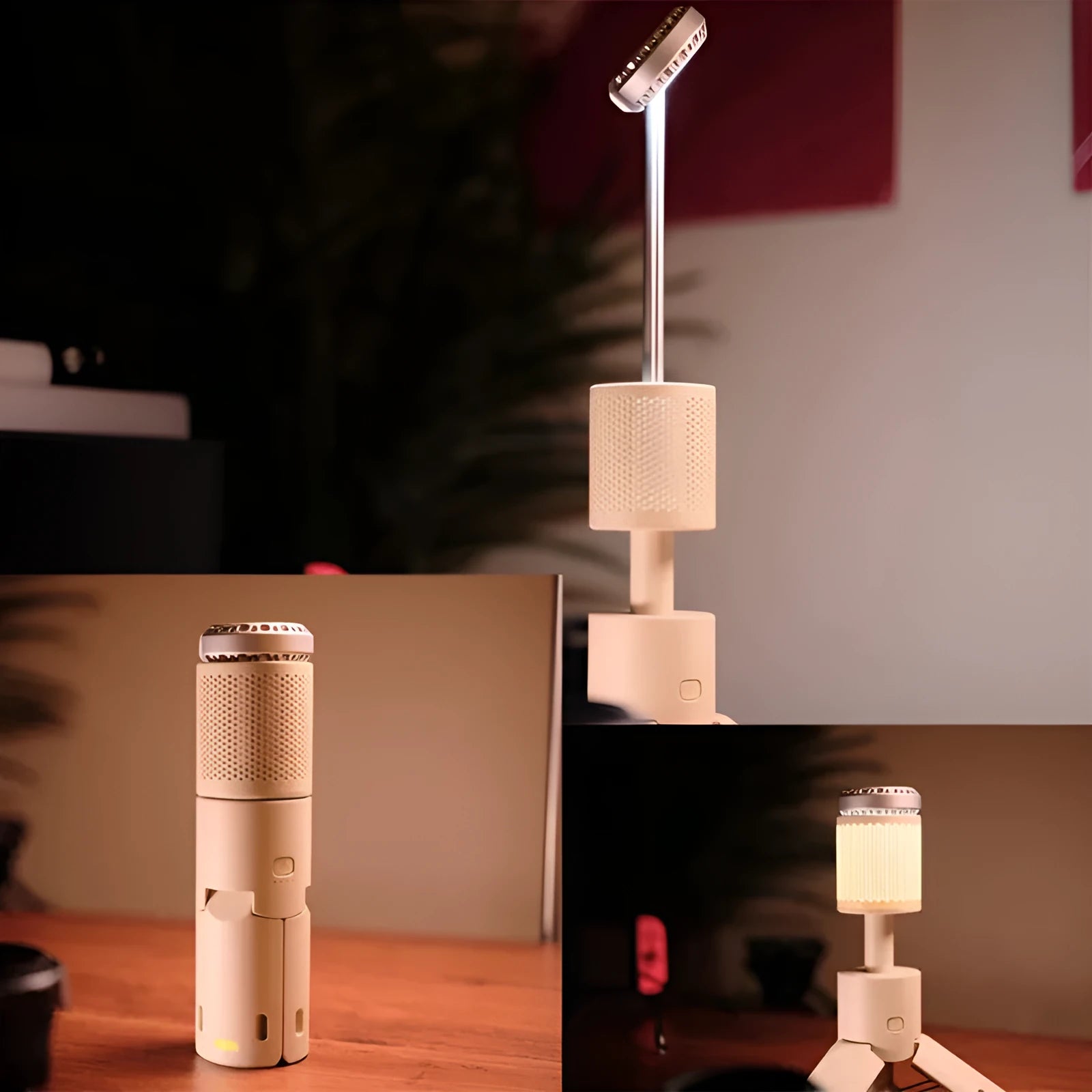 Portable camping LED light with battery power and button switch in creamy white or dark grey colours