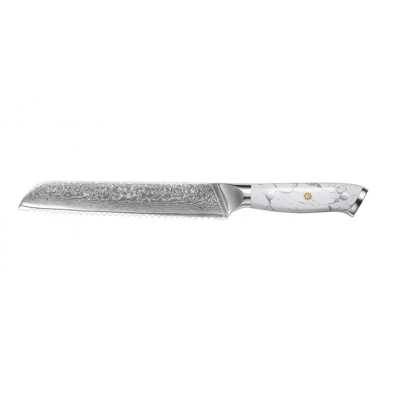 Damascus style combined chef's knife with VG10 steel blade, 21cm blade length on a wooden surface.