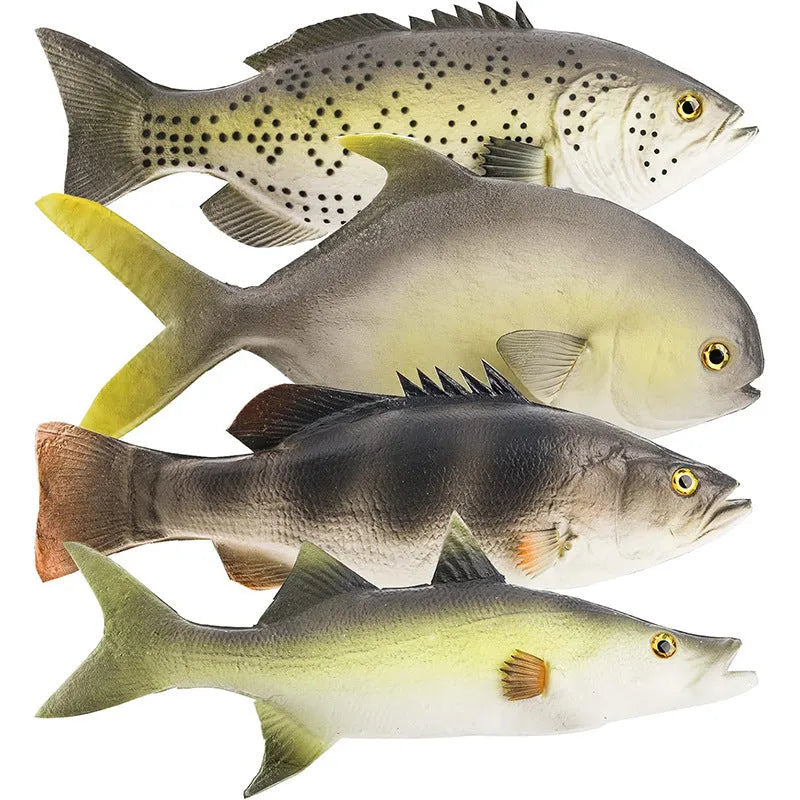 Three PU simulated fish ornaments showing yellow-fin tuna, yellow croaker, and flower fish designs for marine decoration
