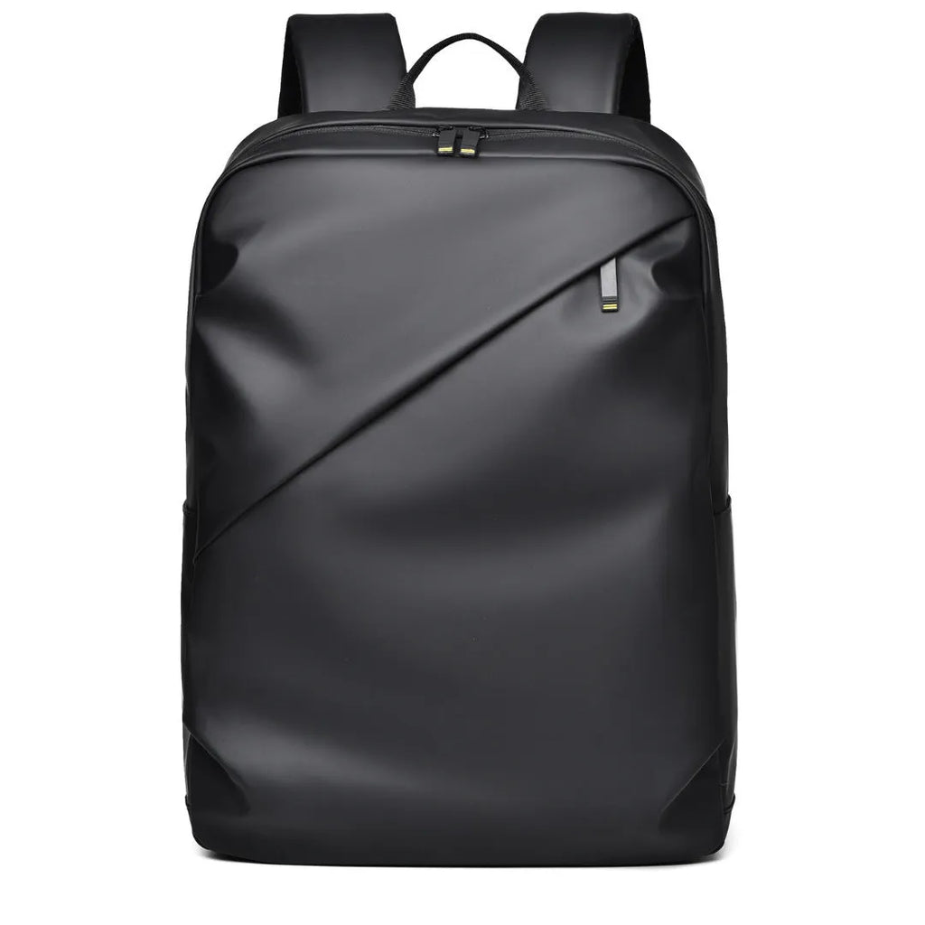 Waterproof laptop backpack in black showing large main compartment and simple design with sewing thread detailing