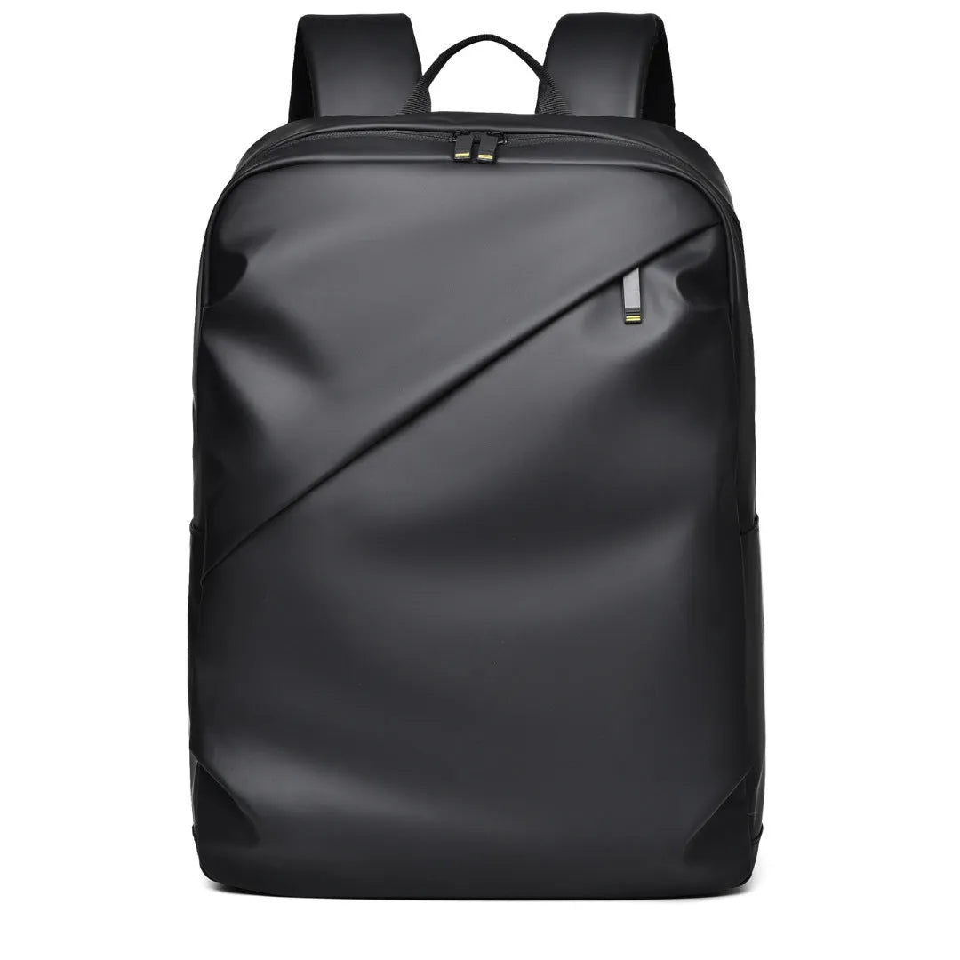 Waterproof laptop backpack in black showing large main compartment and simple design with sewing thread detailing