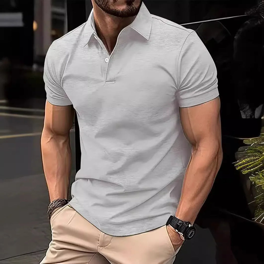 Men's slim fit cotton blend short sleeve button-up shirt in solid colour
