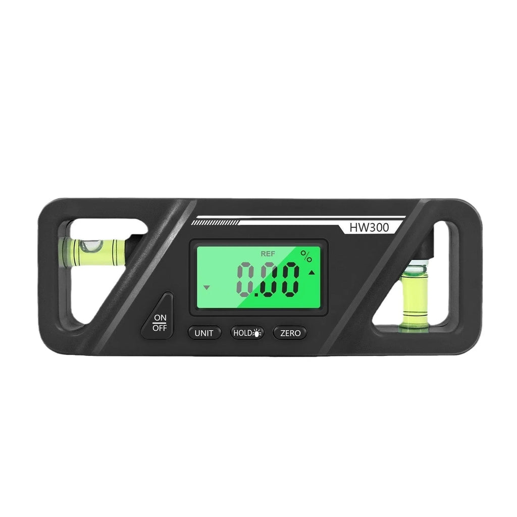 Digital inclinometer level meter with magnetic base showing angle measurement on display