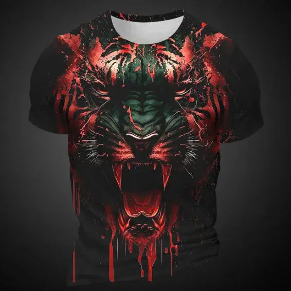 Men's 3D tiger pattern short sleeve T-shirt in lightweight polyester fabric.