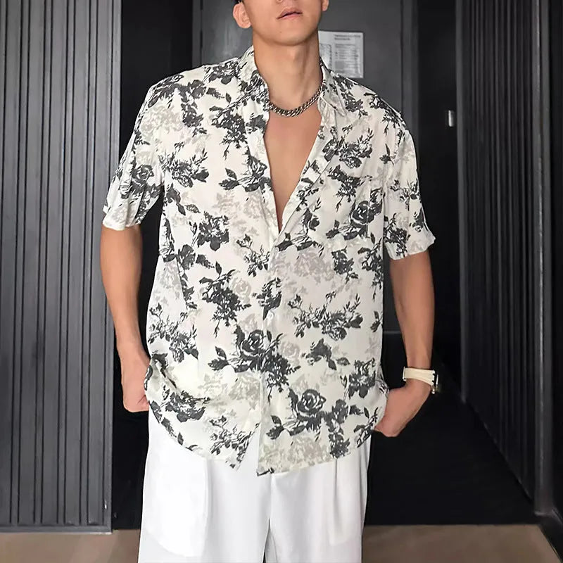 Men's loose fitting floral print short sleeve casual shirt in black and white colour options