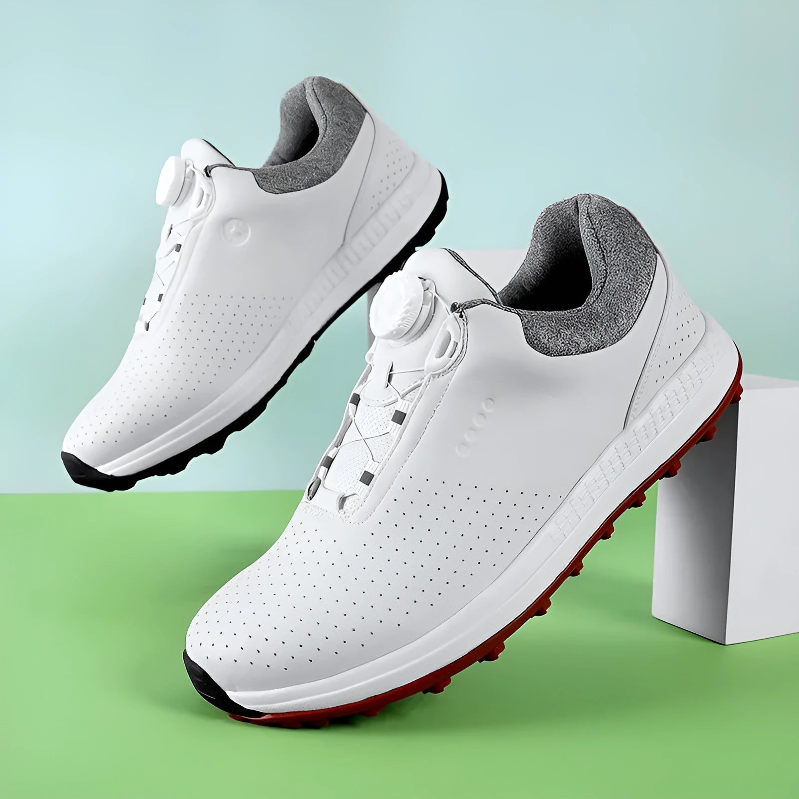 Golf fashion low top platform sneaker with embroidered line detail and non-slip rubber outsole, side view, in white colour option
