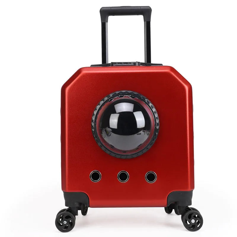Hard-shell PVC pet flight trolley case in orange colour with wheels and pull handle