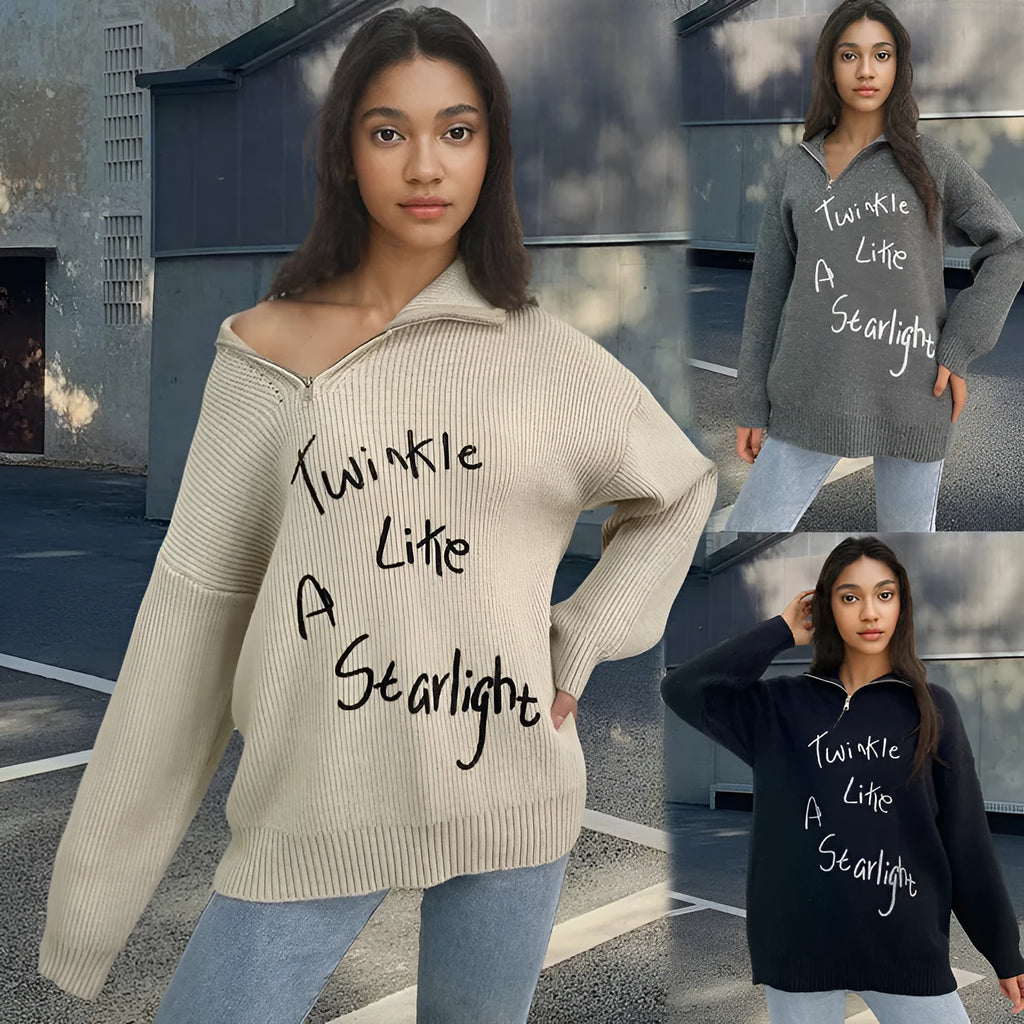 Women's retro alpaca wool pullover sweater with loose lapels and an oblique zipper in light khaki.