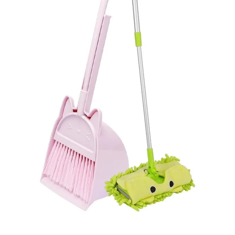 Purple plastic broom and dustpan set with non-stick rotating brush head and upright storage holder.