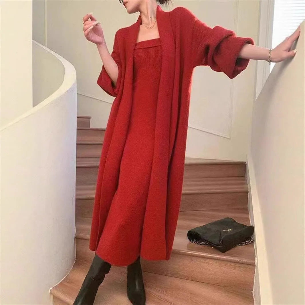 Grey women's knitted cardigan and long dress suit set with flocking detail.