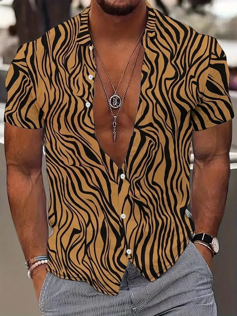 Men's geometric line print lapel short sleeve shirt in slim fit polyester