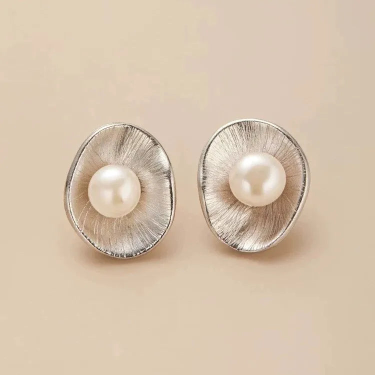Geometric pearl sterling silver earrings with gold electroplating and needle posts