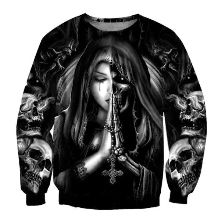 Black hooded sweatshirt with a large 3D white skull anime graphic on the front.