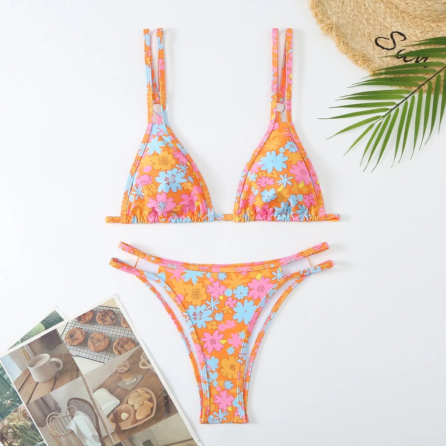 Women's halter printed bikini briefs in polyester with floral pattern for swimming