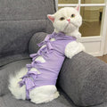 Cat wearing a pink lace-up polyester sterilisation suit after surgery, showing the adjustable tie closure.