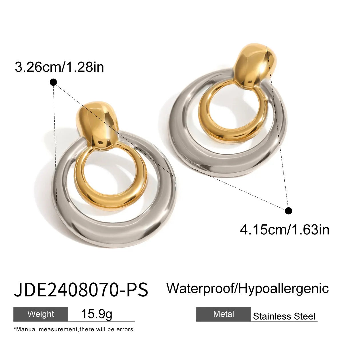 Round gold-coloured geometric hollow stud earrings on a white background.