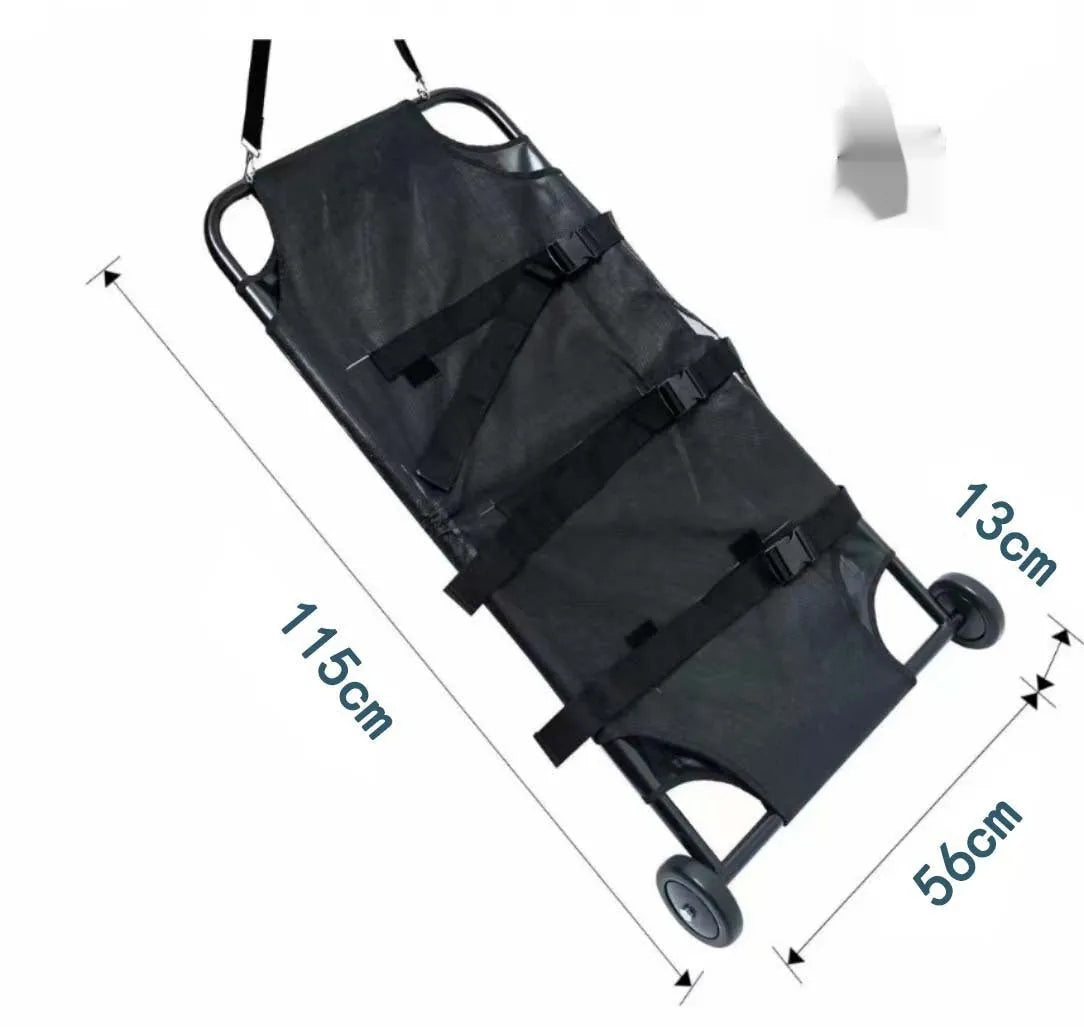 Large black folding pet stretcher with aluminium alloy frame for emergency dog transfer.