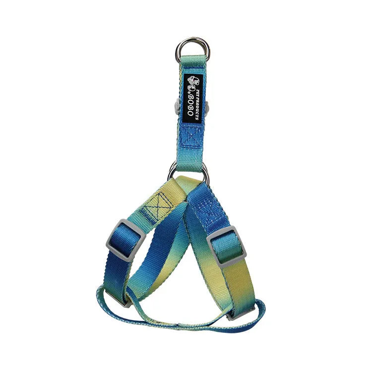 Gradient colour nylon dog leash in pink and yellow, shown as a collar-style lead.