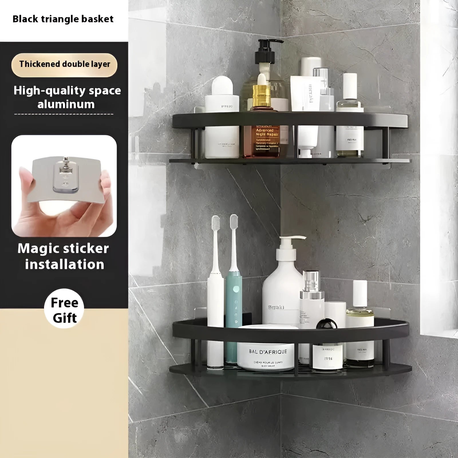 Black freestanding multi-layer triangle bathroom storage rack placed next to a toilet.