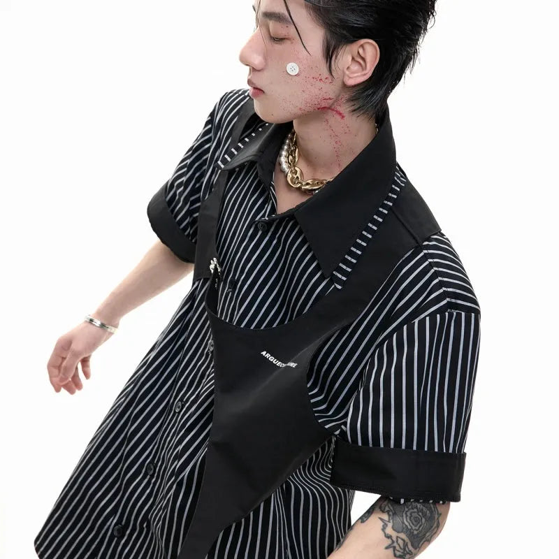 Men's silver sapporo striped cotton shirt with double collar lapel design and short sleeves