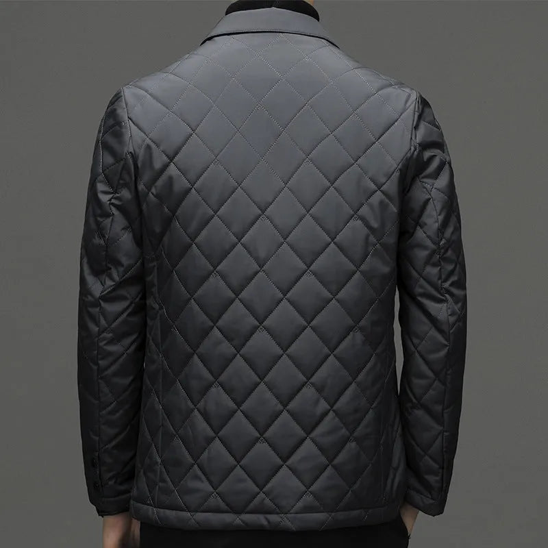 Men's solid colour lapel down jacket in cardigan style with side seam pockets.