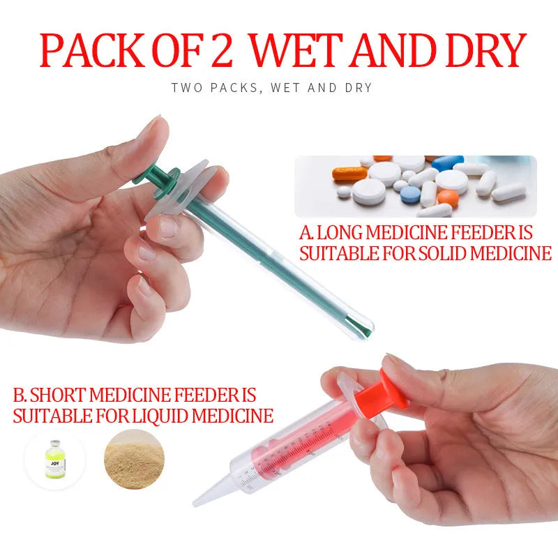 Two pet pill shooters with soft silicone tips for cat and dog medication administration