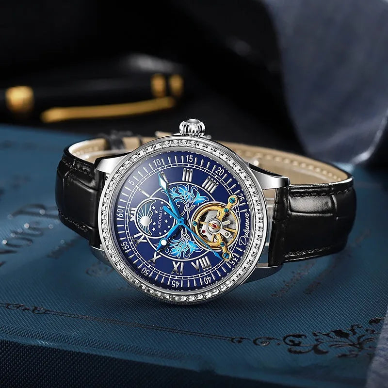 Men's waterproof mechanical watch with stainless steel case and multiple strap colour options