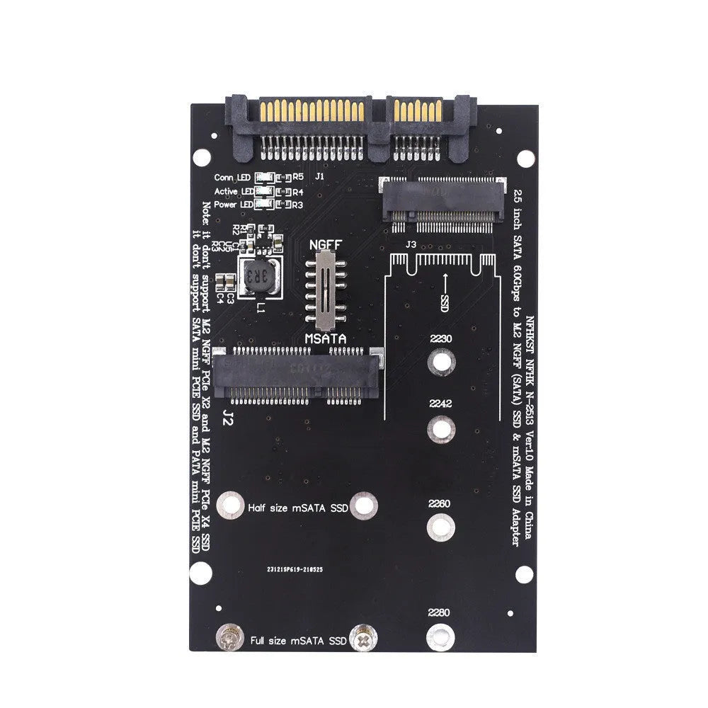 Black SATA3 to M.2 NGFF mSATA SSD adapter card showing connectors for modern solid-state drives