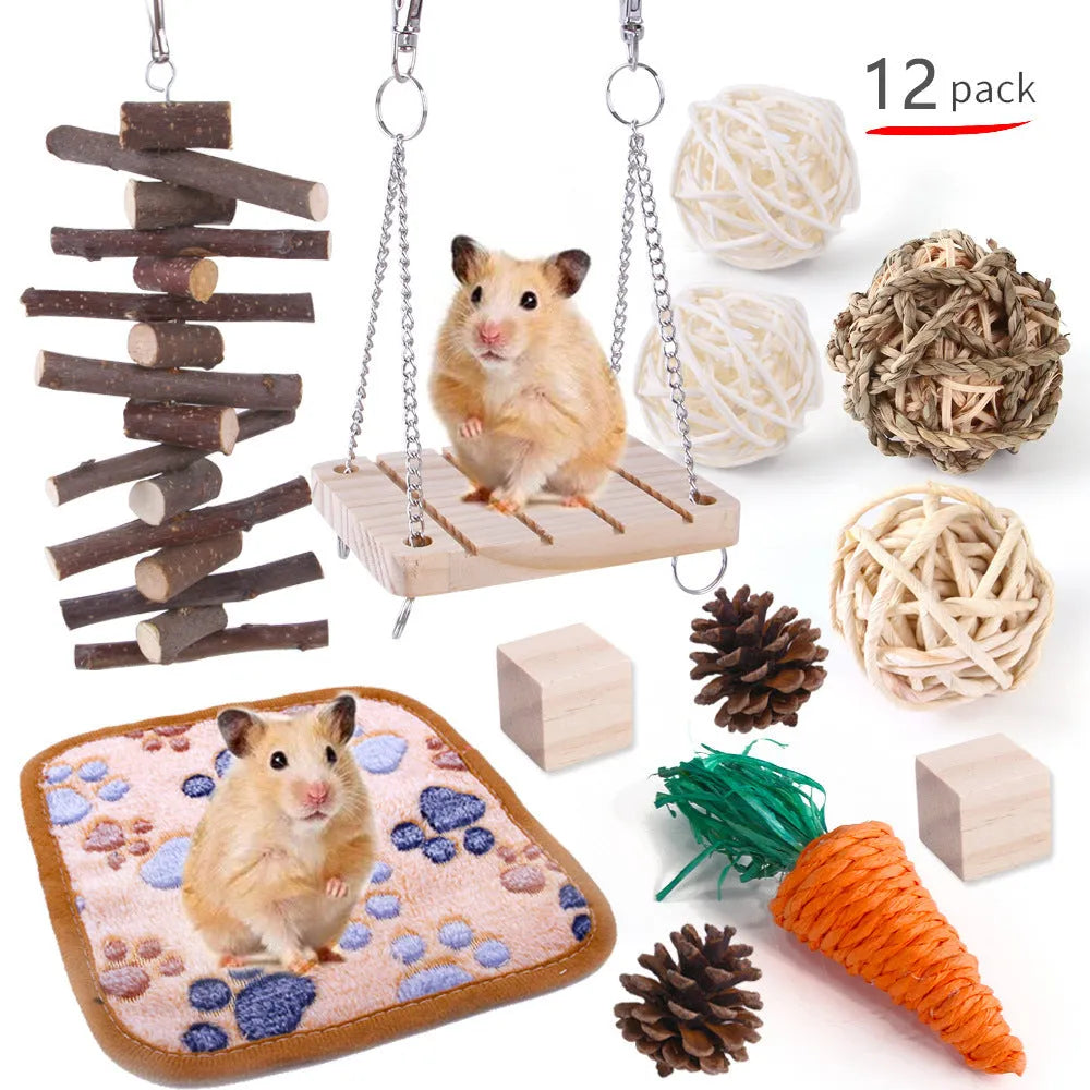 Wooden chew toy sets for rabbits, guinea pigs and parrots with various natural components