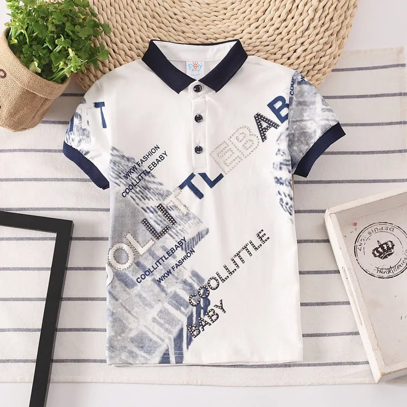 Child wearing a solid colour cotton short sleeve t-shirt with a lapel collar.
