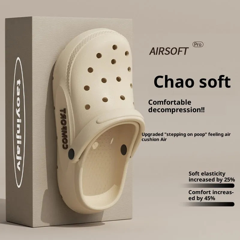 Men's perforated EVA summer shoes in khaki with round toe and thickened sole