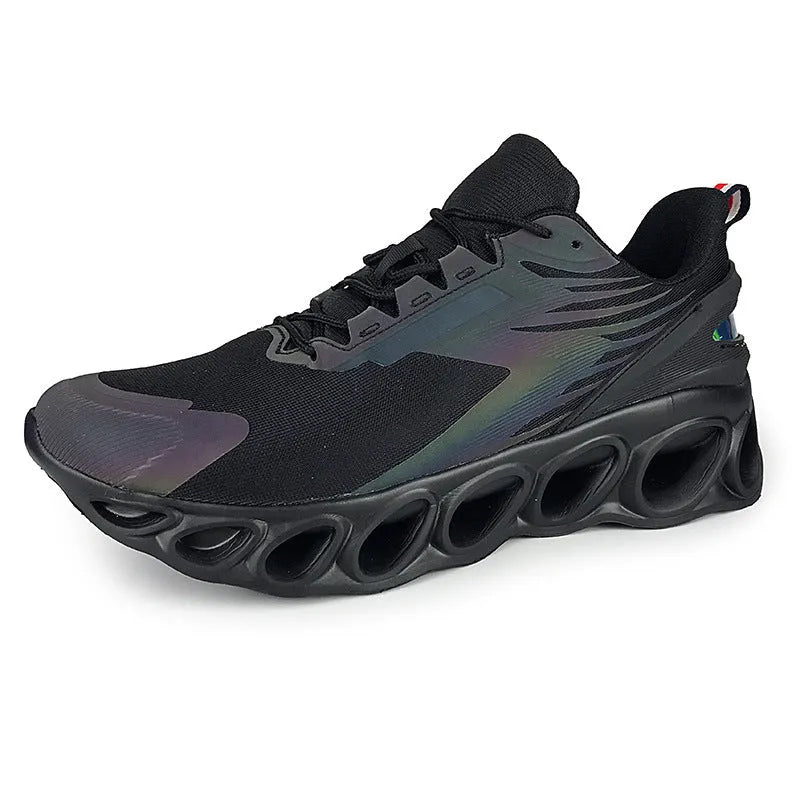 Men's black breathable mesh casual sports trainers with lace-up front and white EVA sole.