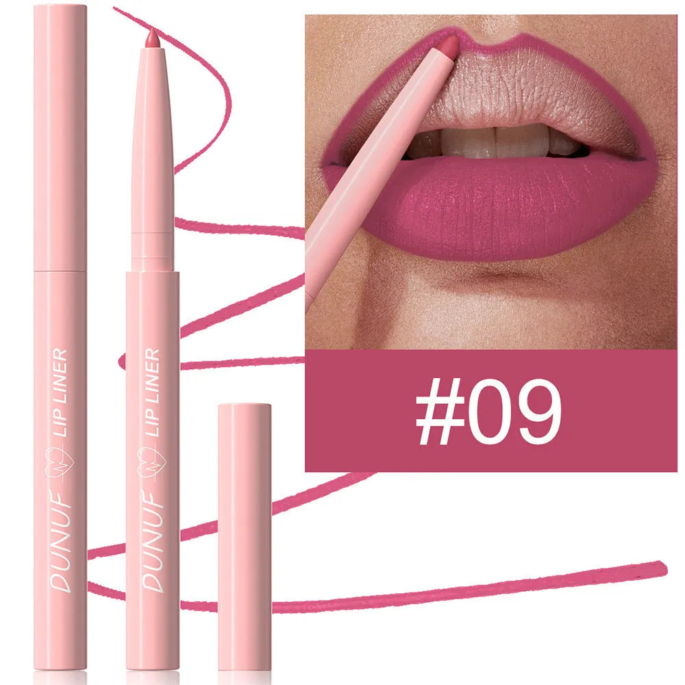 Velvet matte lip liner pencil in one of 12 available shades on a white background.