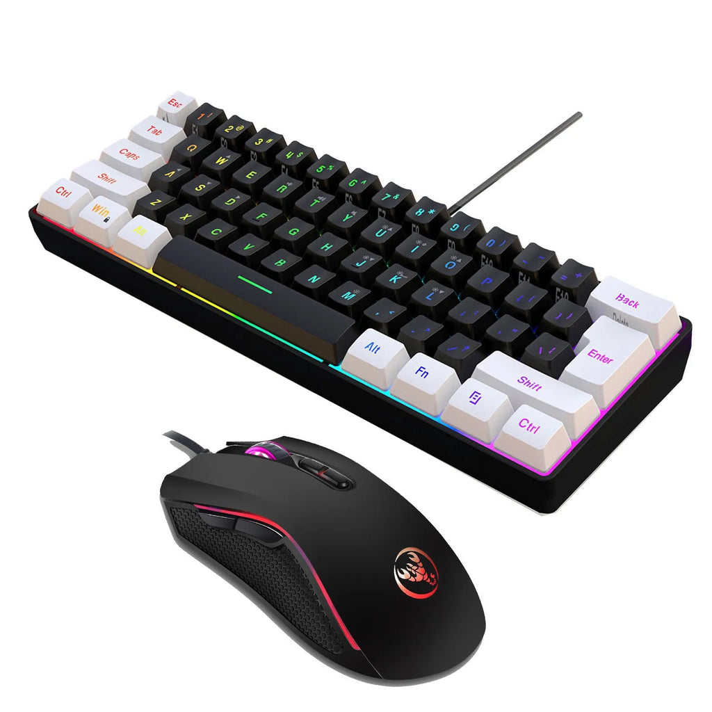 White and black gaming keyboard and mouse set with backlight illumination