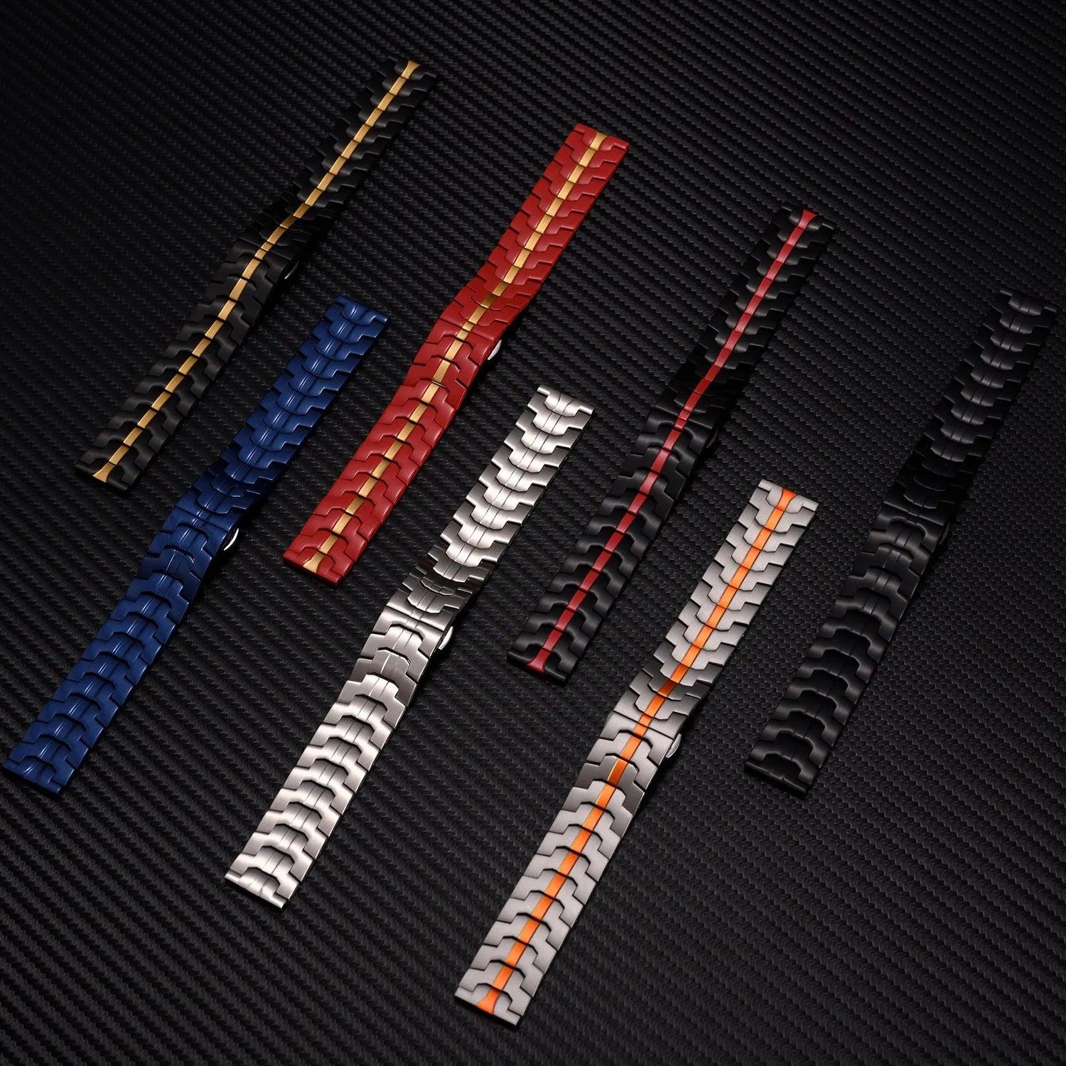 Stainless steel watch strap for Samsung Galaxy Watch in silver and black colours, showing 20mm and 22mm size options.