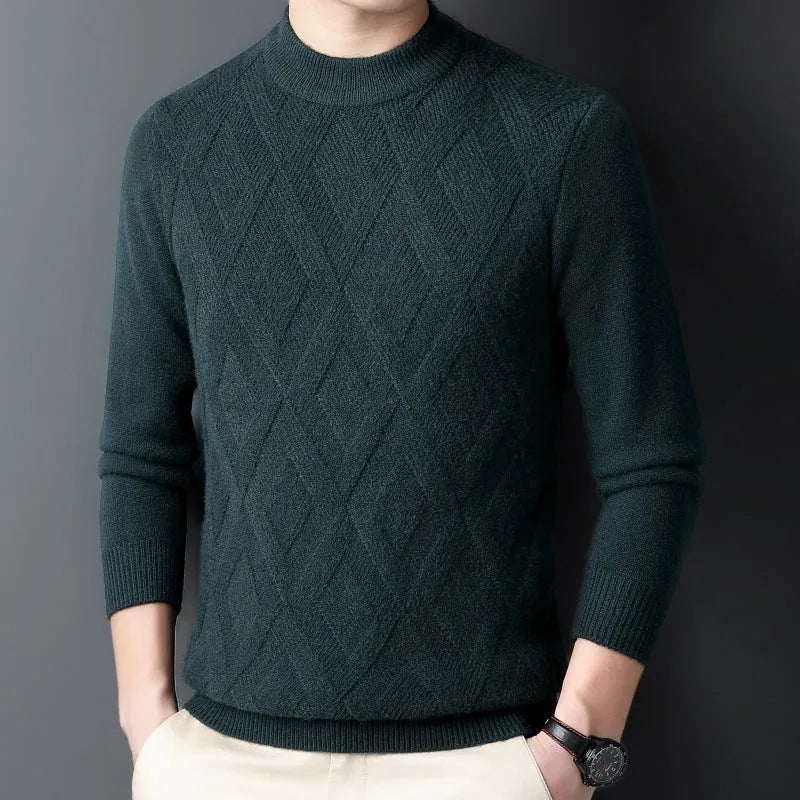 Men's thick diamond jacquard winter sweater in wool blend shown in light camel colour