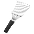 Black stainless steel dematting brush rake comb for pet and horse grooming, 33cm long.