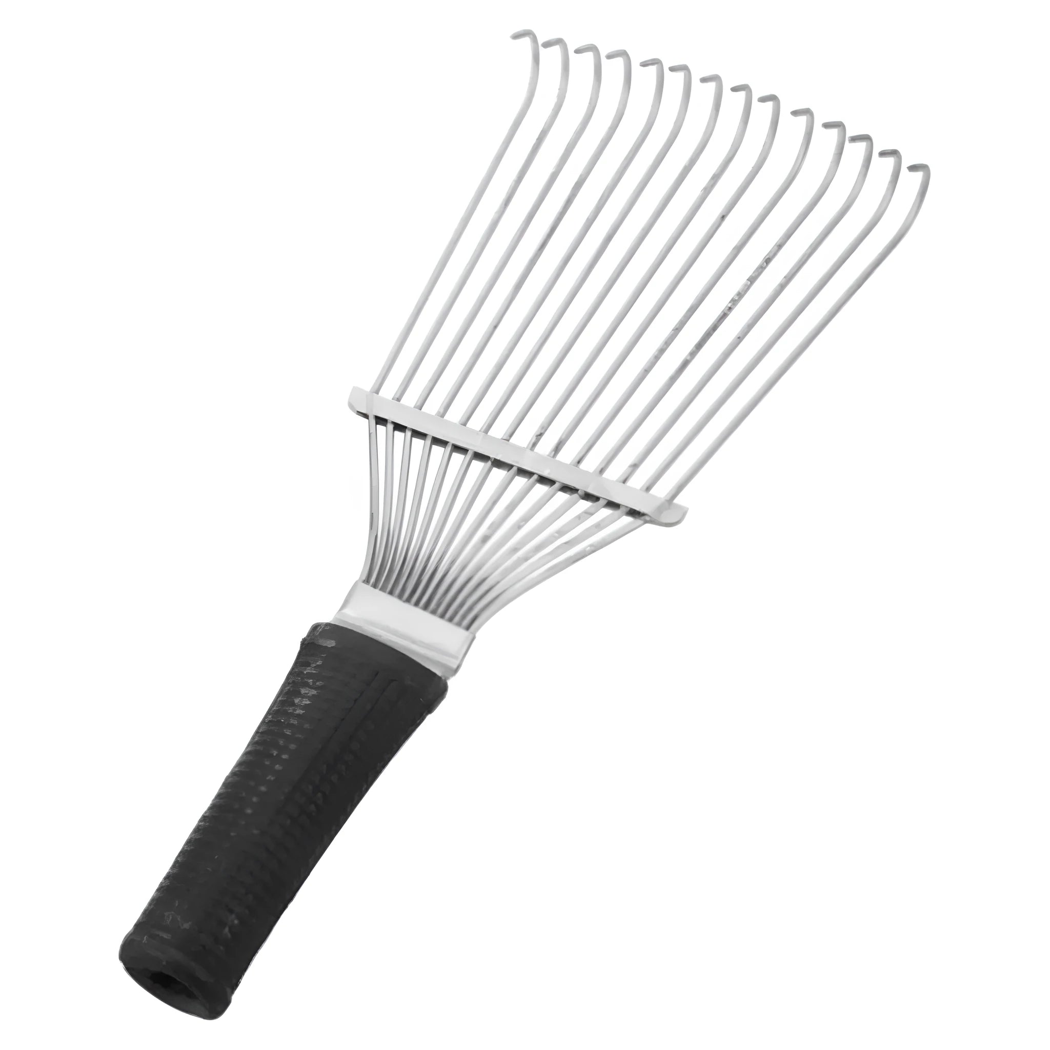 Black stainless steel dematting brush rake comb for pet and horse grooming, 33cm long.
