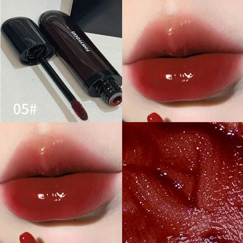 Black Shiny Makeup Mirror Lip Lacquer tube showing six colour options including tomato, orange brown, brown, rose, red, and sweet potato shades