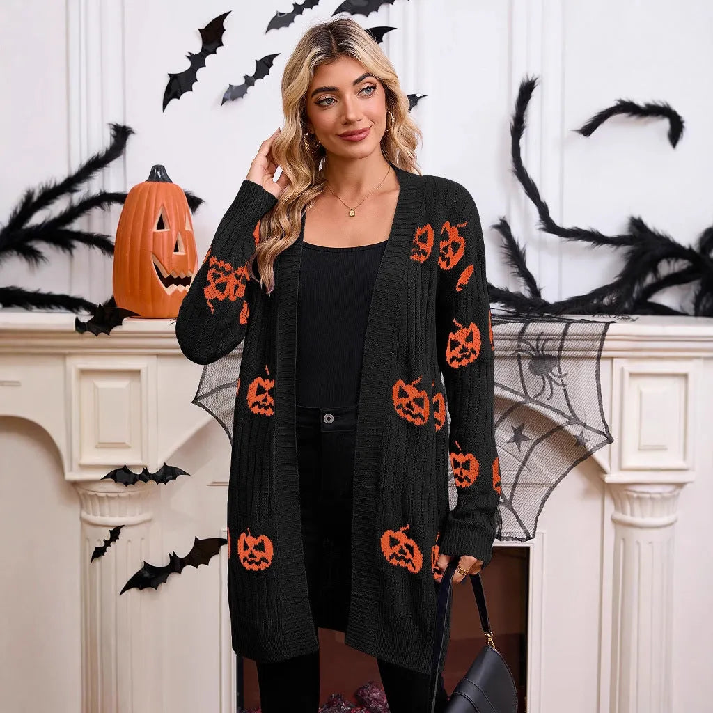Women's black Halloween cardigan with jacquard pumpkin pattern, straight cut with regular sleeves