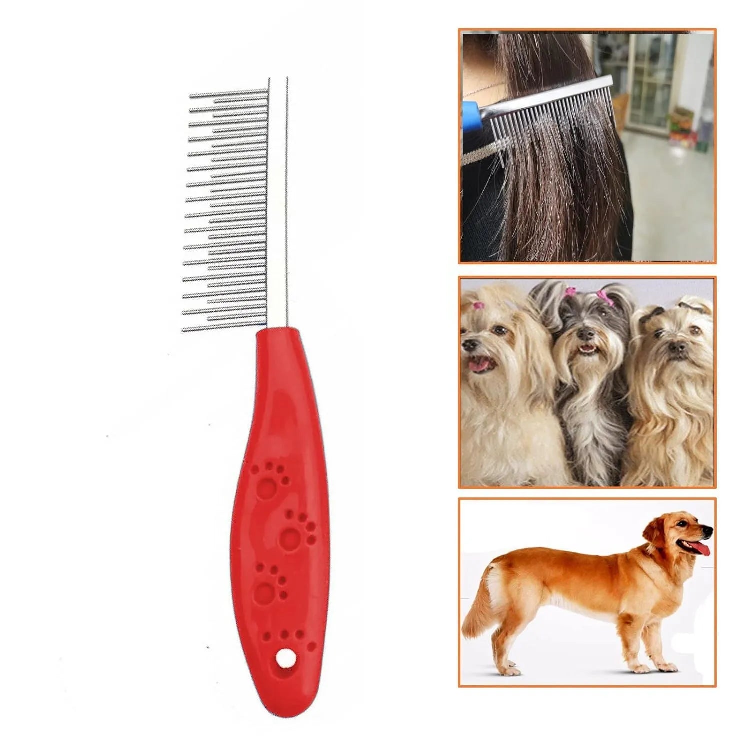 Red plastic handle pet grooming comb with rows of short and long stainless steel teeth