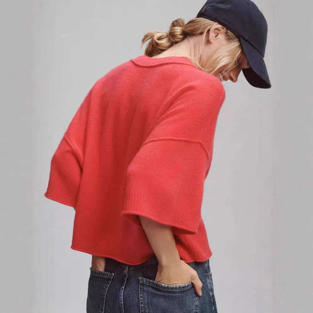 Women's red short T-shirt with exposed navel style made from viscose fibre.