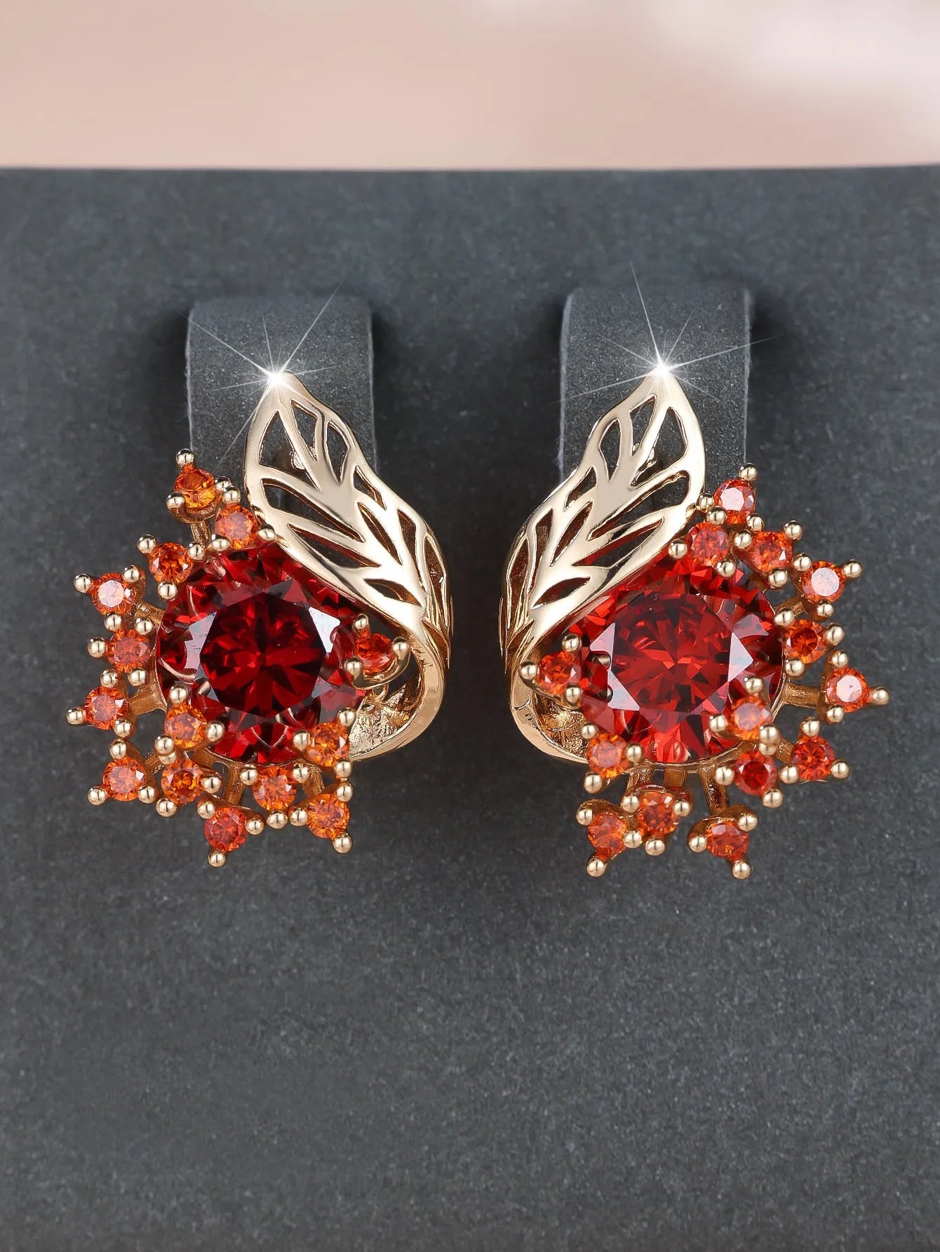Round flowers feather zircon earrings in rose gold electroplated finish with multiple diamond colour options