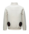 Man's black cooling work jacket with chest ventilation holes for a fan on a mannequin.